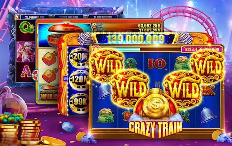 Colorful Golden Games casino slot machine game interface featuring a 'Crazy Train' theme with multiple 'Wild' symbols and a large jackpot display. The background includes vibrant graphics and stacks of coins.