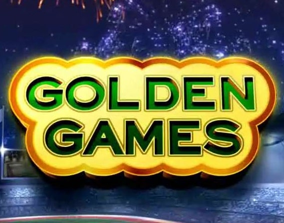 Logo for Golden Games Casino with bold green and yellow text against a dark, festive background with fireworks.